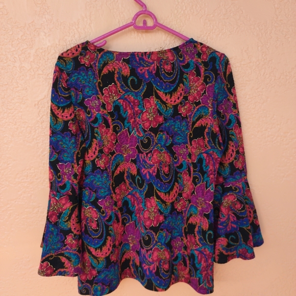 MSK Colorful Multi-Color Paisley Blouse Size L w/ Bell Sleeves - Picture 7 of 10